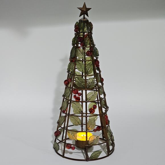 Vintage Beaded Christmas Tree Tealight Holder-Festive Ivy & Berries Metal Décor - Picture 1 of 10